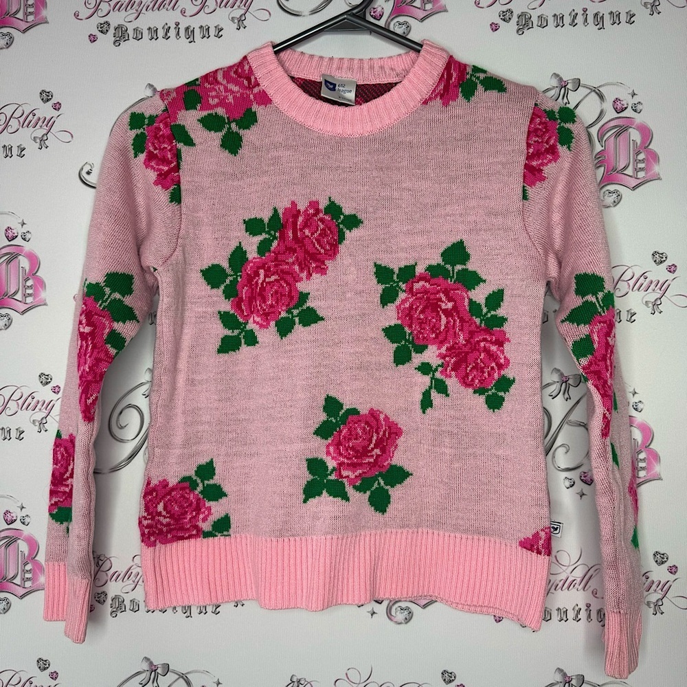 612 league sweater roses knit wool pink green luxe crew neck pull over flowers